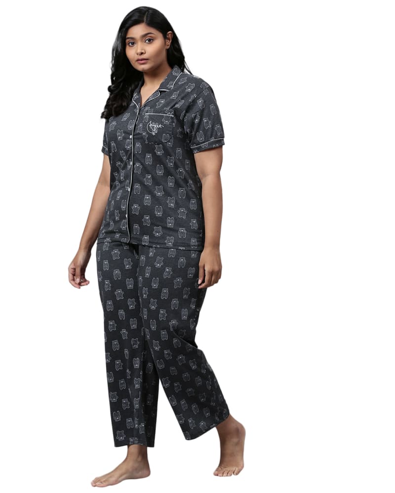 Front of a model wearing a size 6XL Printed Stylish Night Suit- Bears in Charcoal Grey by Instafab Plus. | dia_product_style_image_id:258226